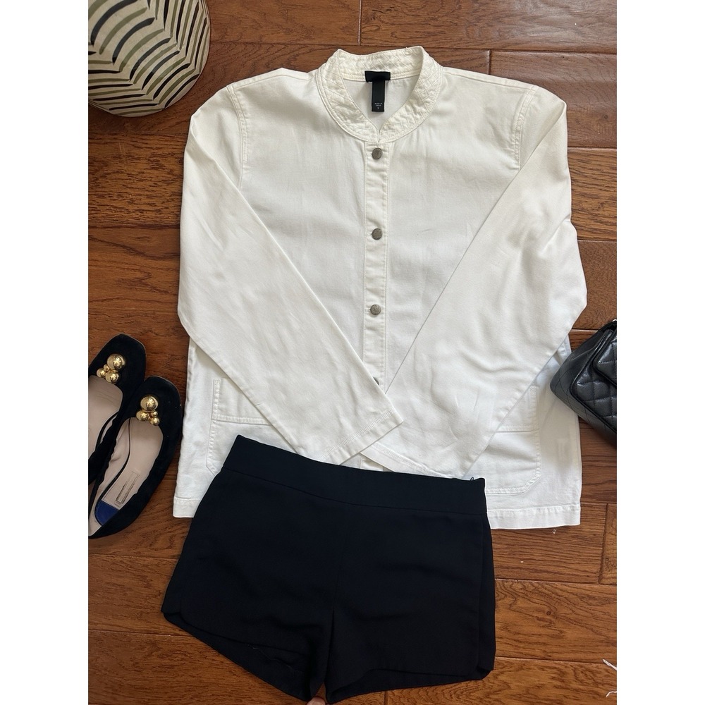 Eileen Fisher White Organic Cotton Jacket Womens Small Quilted Collar Pocket